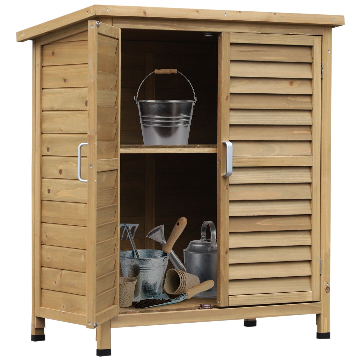 Wooden Garden Storage Shed Kit Wood Garage Tool Organisation Cabinet with 2 Door, 34" x 18" x 38", Natural