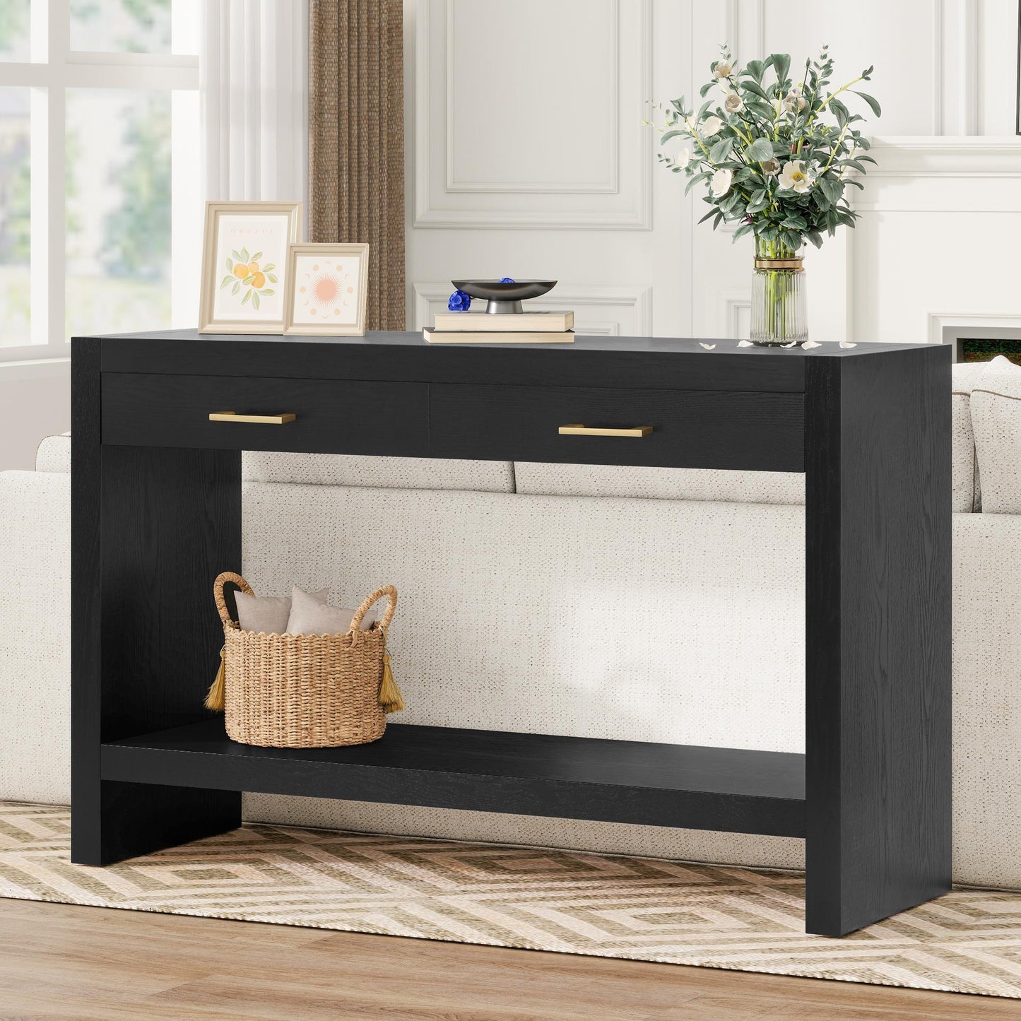 Farmhouse Console Table with Storage Drawers, Wooden Entryway Table Ideal for Living Room, Hallway, 47.5'' L x 15.5'' W x 30'' H, Black