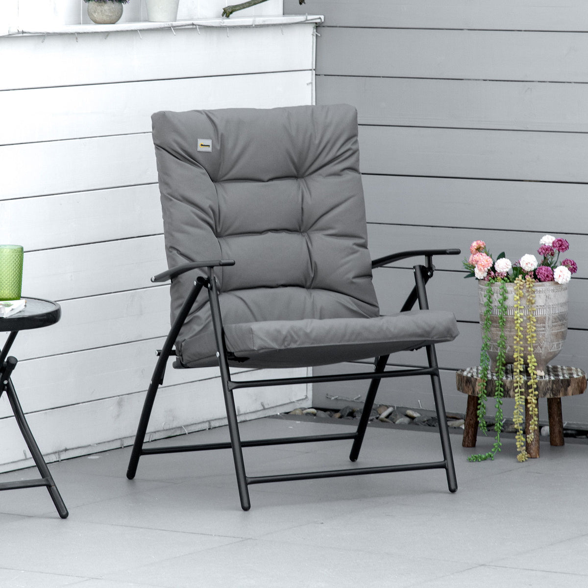 Foldable Lounge Chair, Fabric Upholstered Recliner, Outdoor Lounger with Armrest, Metal Frame for Backyard, Grey