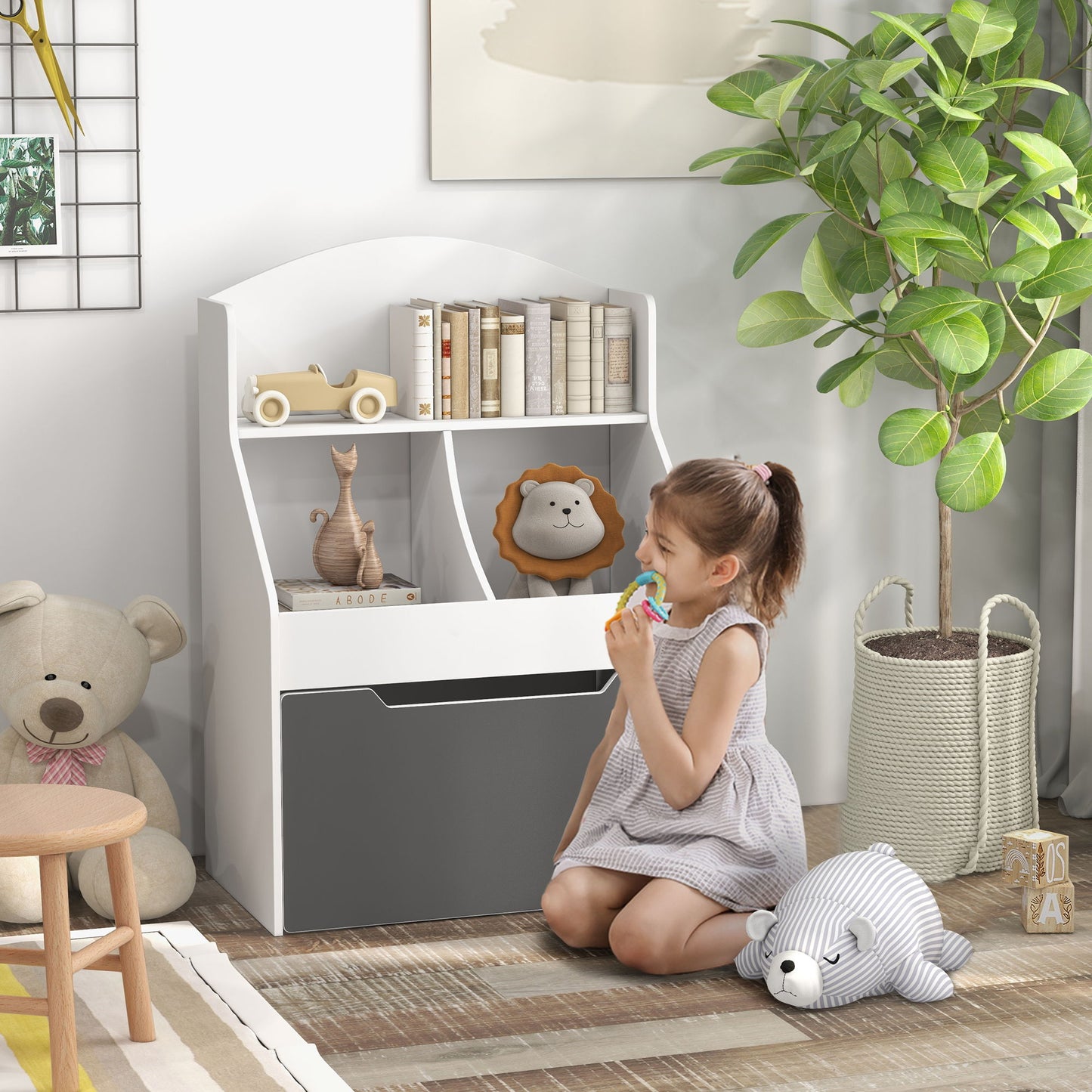 3 Tier Kids Bookcase with Drawer, 2 Storage Compartment, for Nursery, Playroom, Bedroom, Classroom, White