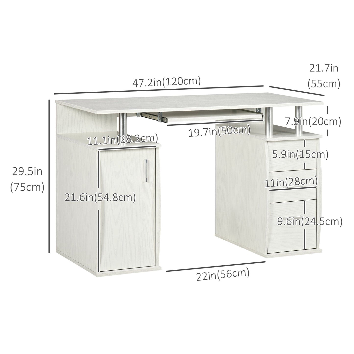 47" Computer Desk with Keyboard Tray and Drawers - White