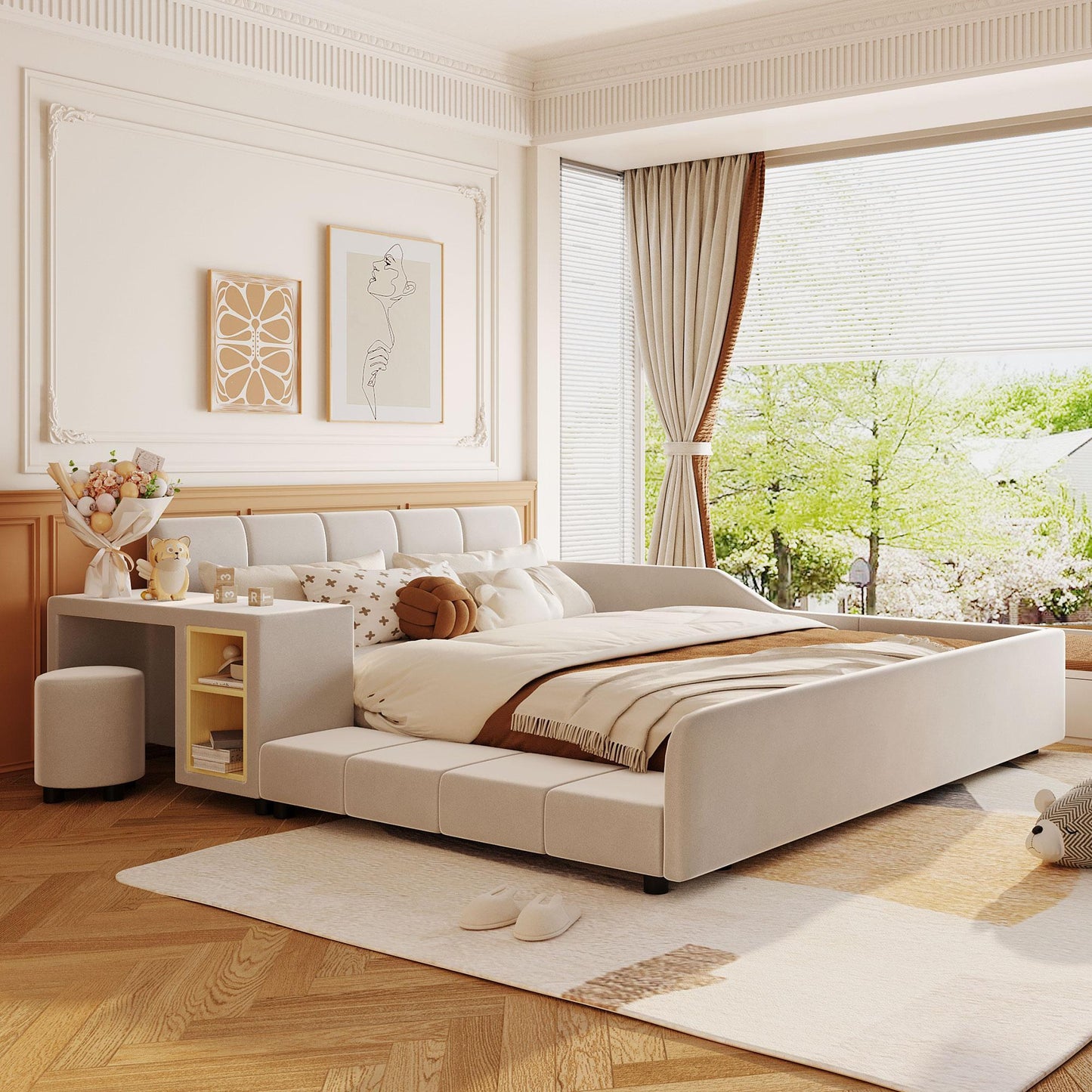 Queen Size Upholstered Bed with Built-In Bedside Desk and Round Stool, Solid Bedboard with Sturdy MDF Frame, 85'' L x 73'' W x 29'' H, Beige