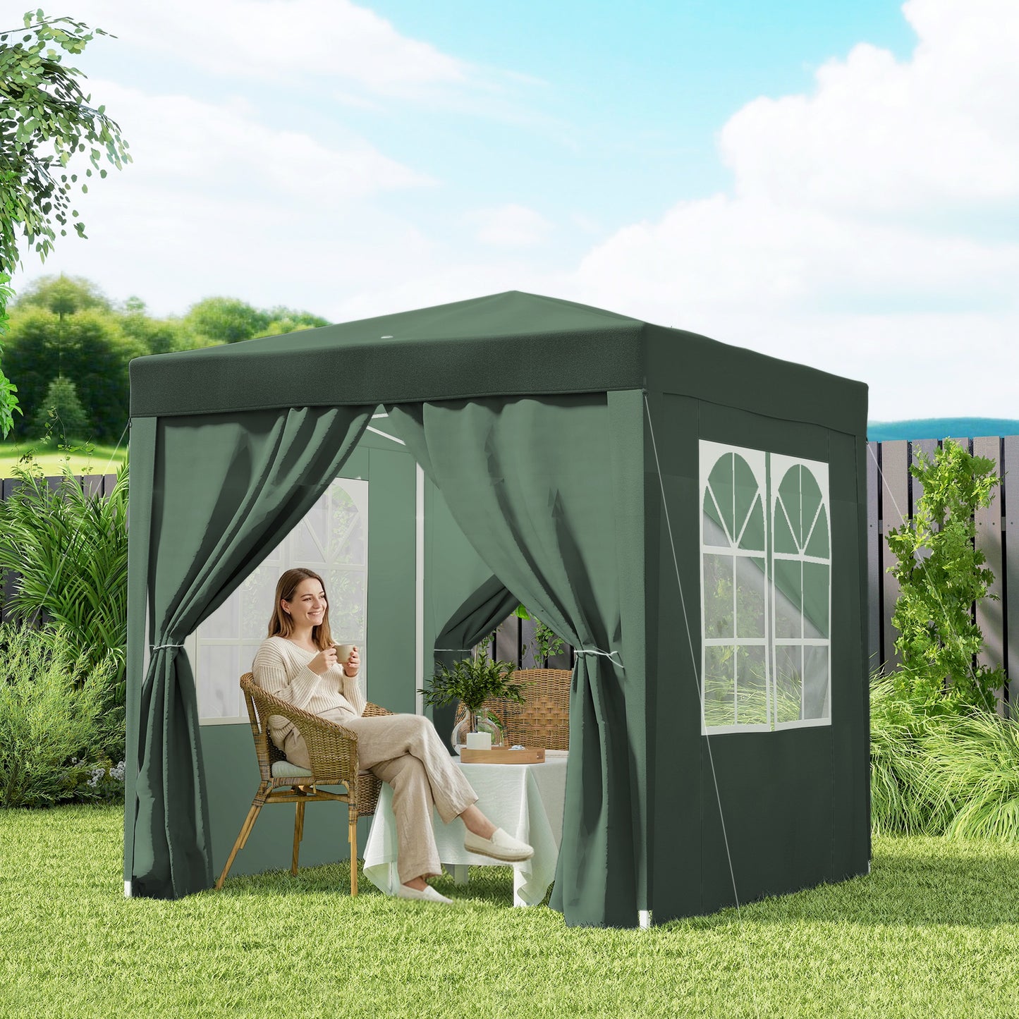6.6'x6.6' Pop Up Canopy Tent with Sidewalls, Instant Sun Shelter Camping Gazebo with Carry Bag, Dark Green