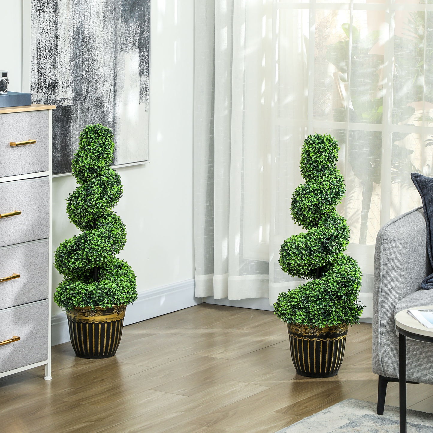 Set of 2 Artificial Plants, Topiary Spiral Boxwood Trees with Pot, for Home Indoor Outdoor Decor, 90cm