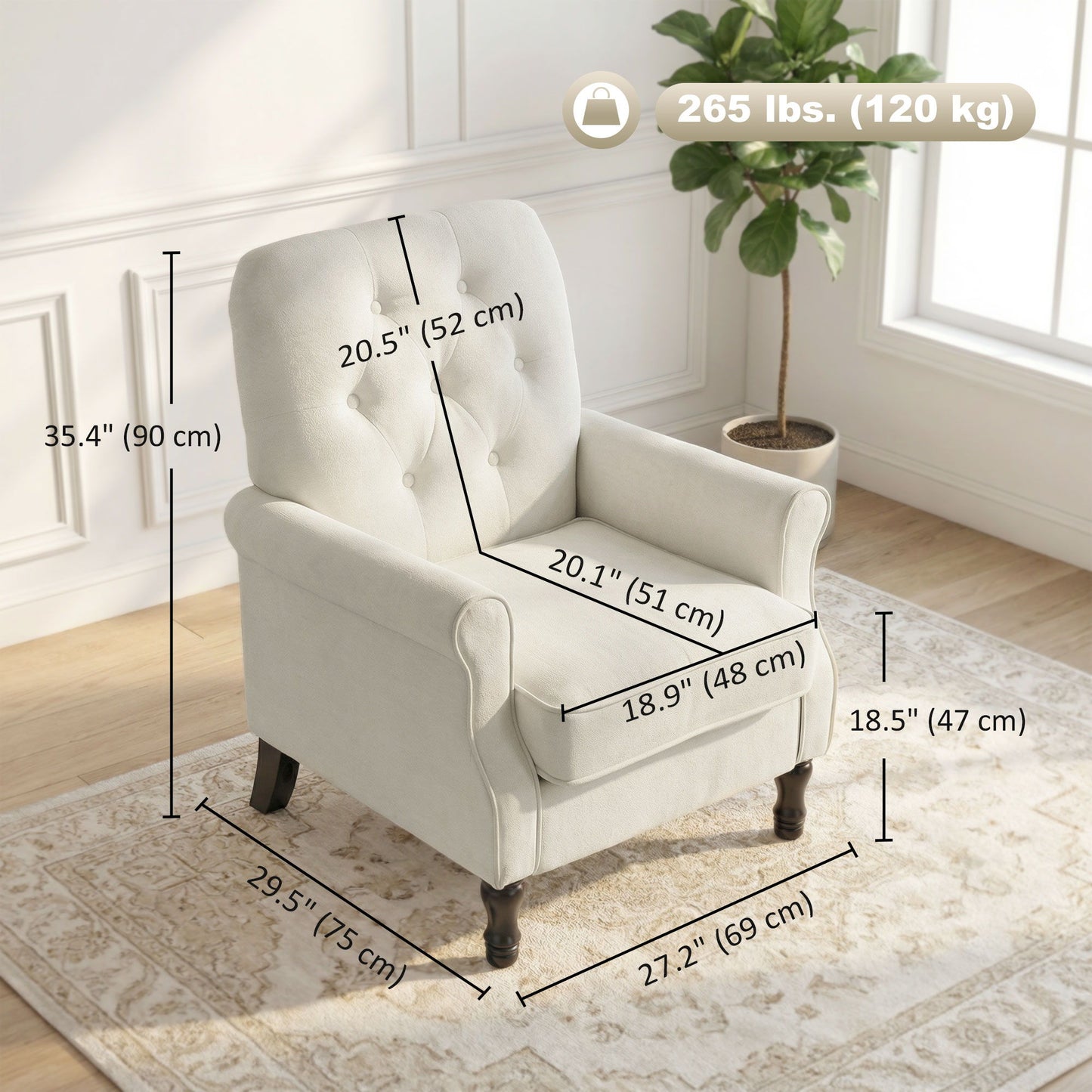 Accent Chair, Mid-Century Modern Armchair with Thick Padded Seat, Spring Cushion, Solid Wood Legs, Cream White