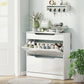 High Gloss Shoe Cabinet with 2 Flip Drawers and Adjustable Shelves, Narrow Shoe Storage Cabinet with Glass Top, White