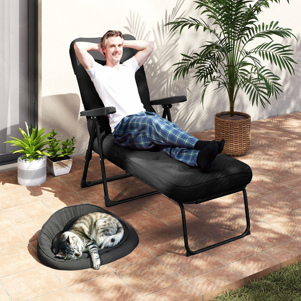 Folding Outdoor Lounge Chair with Cushion, Adjustable Backrest, Reclining Patio Garden Chair with Footrest, Black