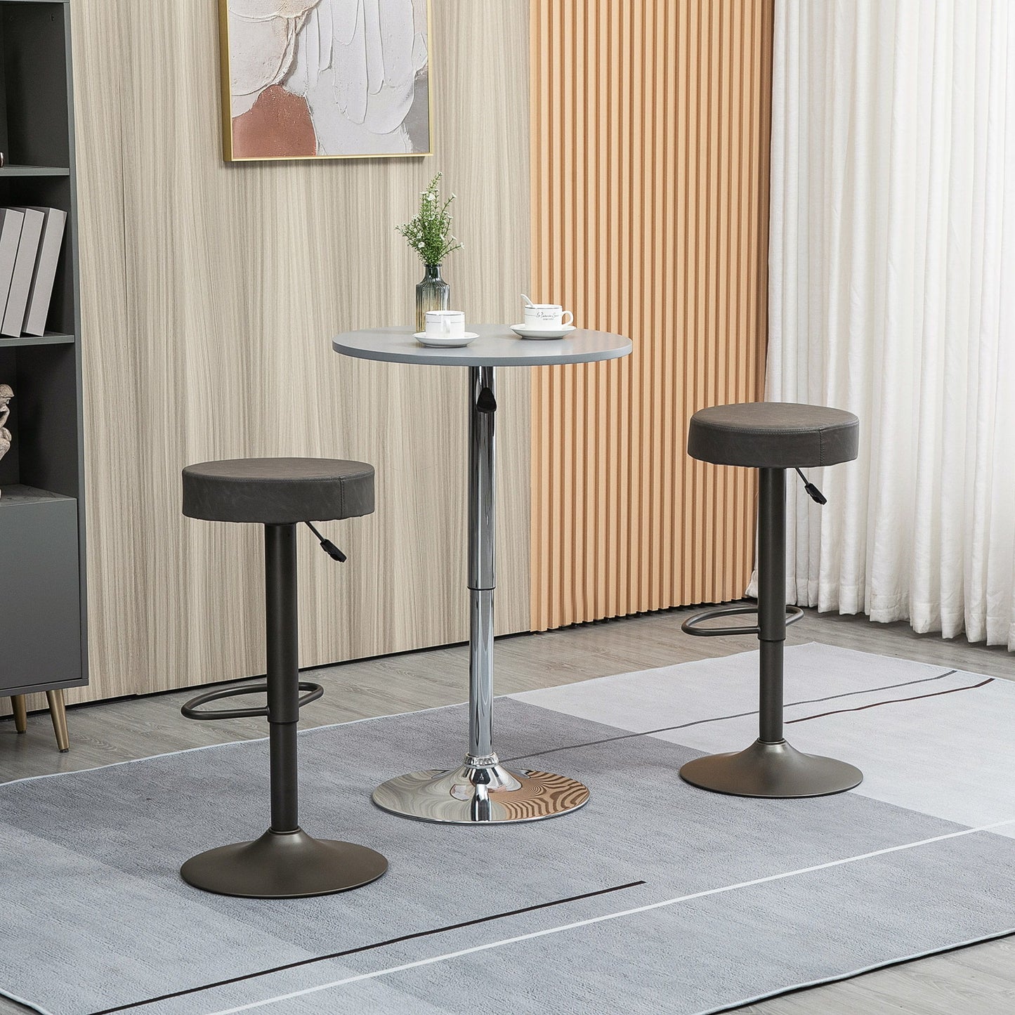 Modern Adjustable Bar Stools Set of 2, Swivel Barstool with Footrest, PU Leather Round Top for Kitchen, Dark Grey