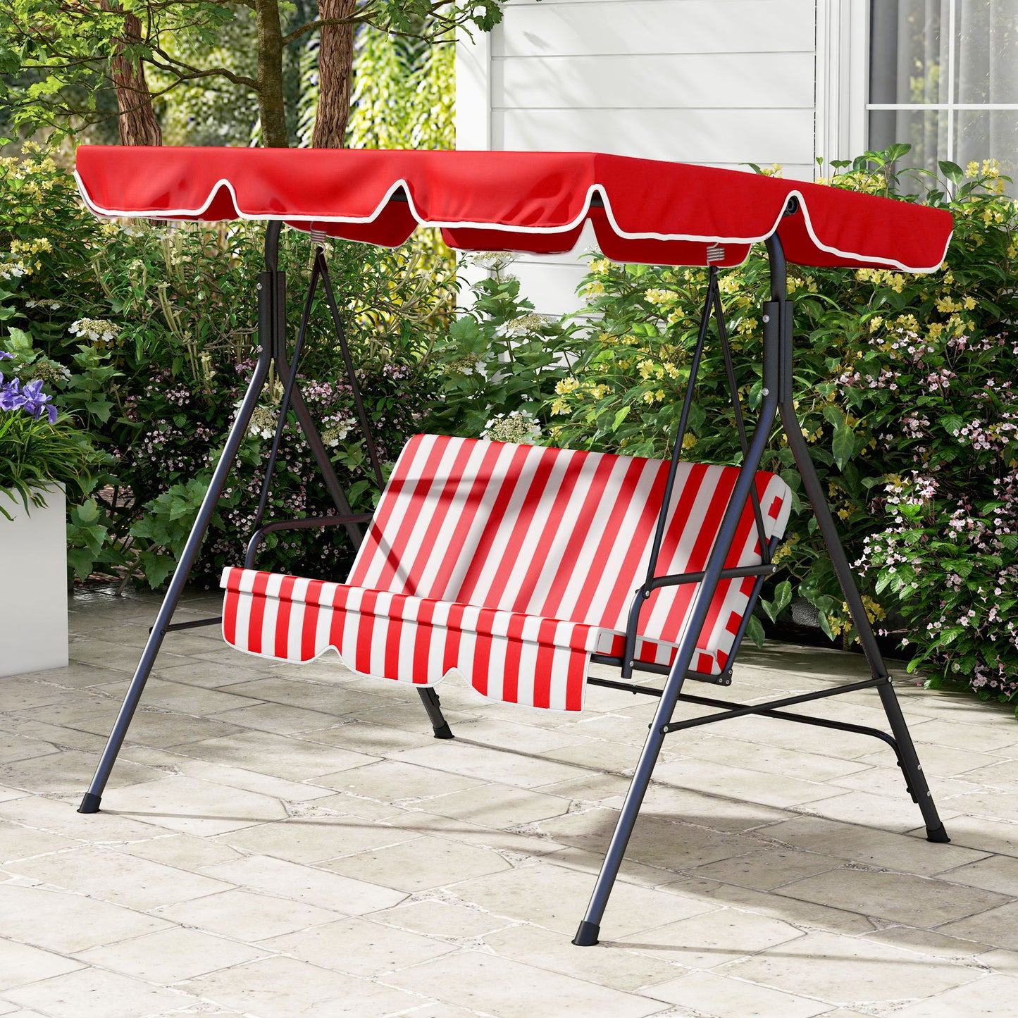 3-Seater Outdoor Porch Swing with Adjustable Canopy, Patio Swing Chair for Garden, Poolside, Backyard, Red