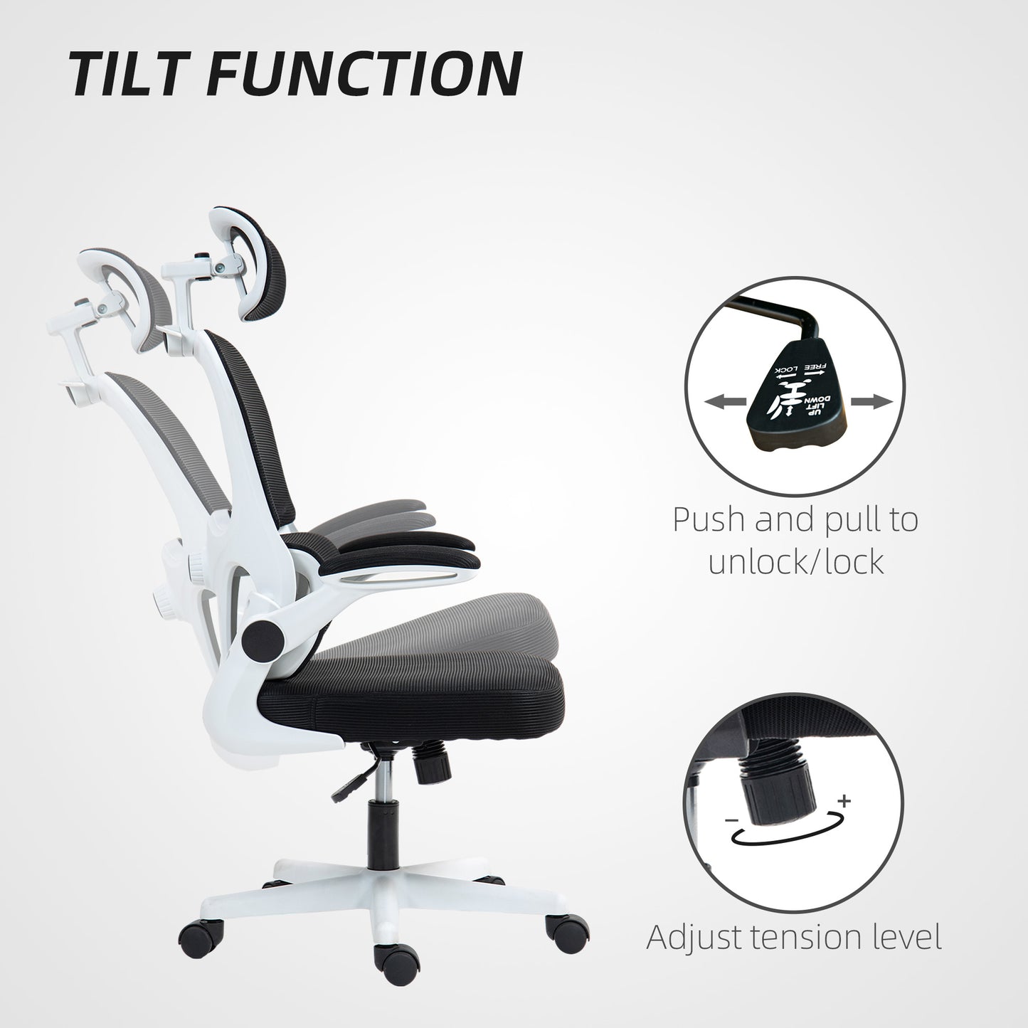 Mesh Office Chair, Ergonomic Desk Chair with Flip-up Armrest, Rotatable Headrest, Adjustable Lumbar Support, Black