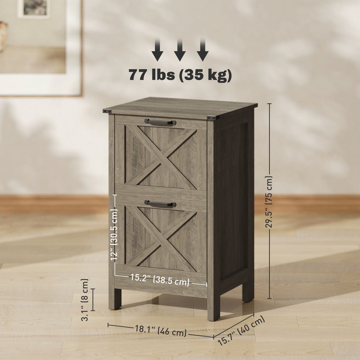 Vertical Filing Cabinet with 2 Drawers, Rustic Farmhouse Office Storage Cabinet for A4, Letter Size, Grey Wash