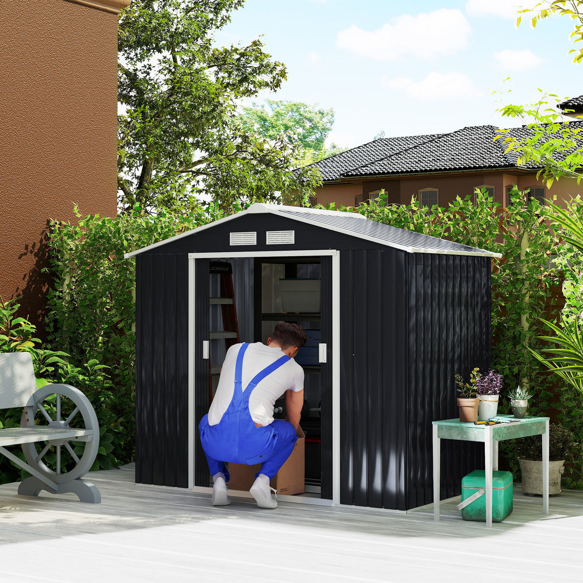 7' x 4' x 6' Garden Storage Shed Outdoor Patio Metal Tool Storage House w/ Foundation Kit and Double Doors Dark Grey