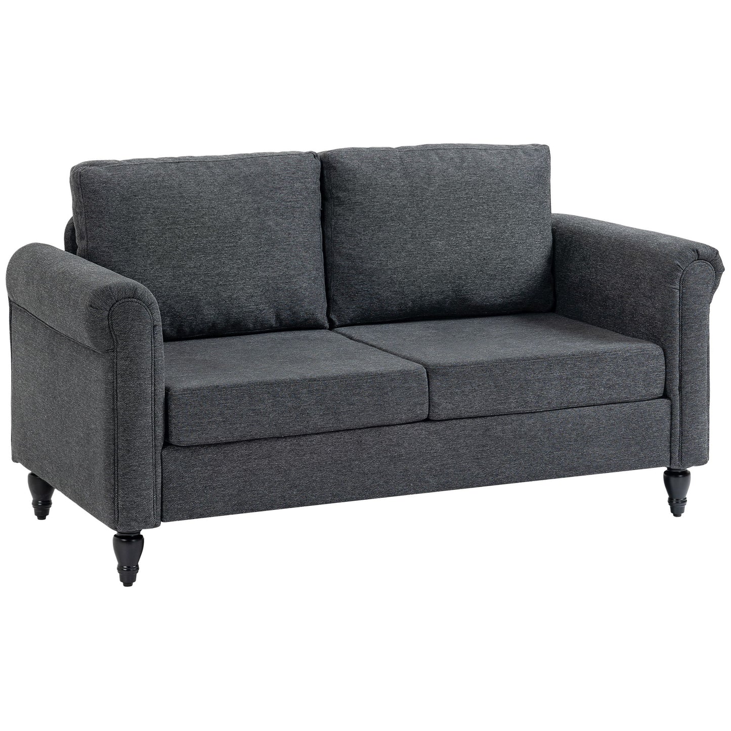 Vintage Loveseat, Upholstered Love Seat Furniture, Chenille-feel Fabric 2 Seater Sofa Couch with Rolled Arms, Gourd-Shaped Rubber Wood Legs for Living Room, Dark Grey