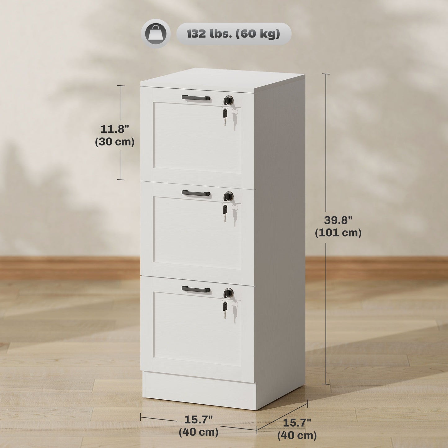 Vertical Filing Cabinet with 3 Drawers, Lock, File Cabinet for Home Office, A4 and Letter Size Files, White