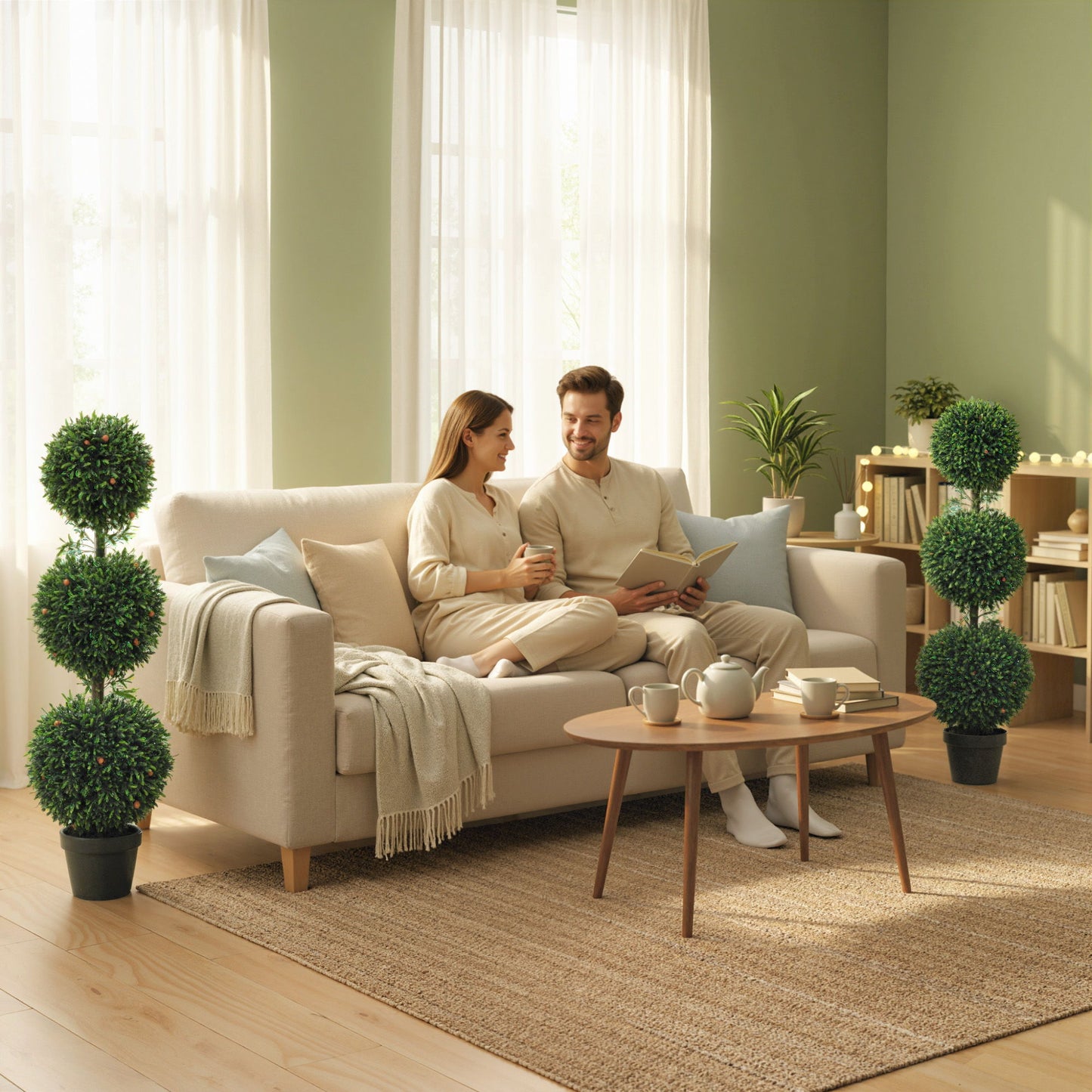 3.3FT Artificial Boxwood Topiary Tree Set of 2, Faux Three Ball Topiary Tree in Pot for Indoor Outdoor Decor, Green