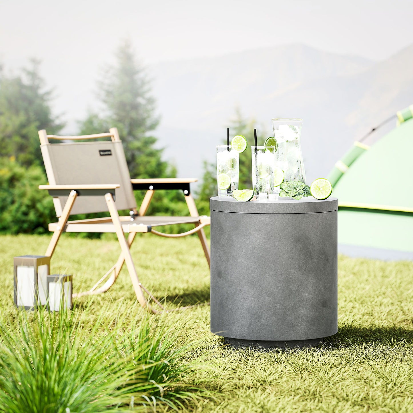2.6 Gal Outdoor Side Table, 3-In-1 Concrete Cooler Bar Table with Storage, Removable Ice Bucket and Lid, Light Grey