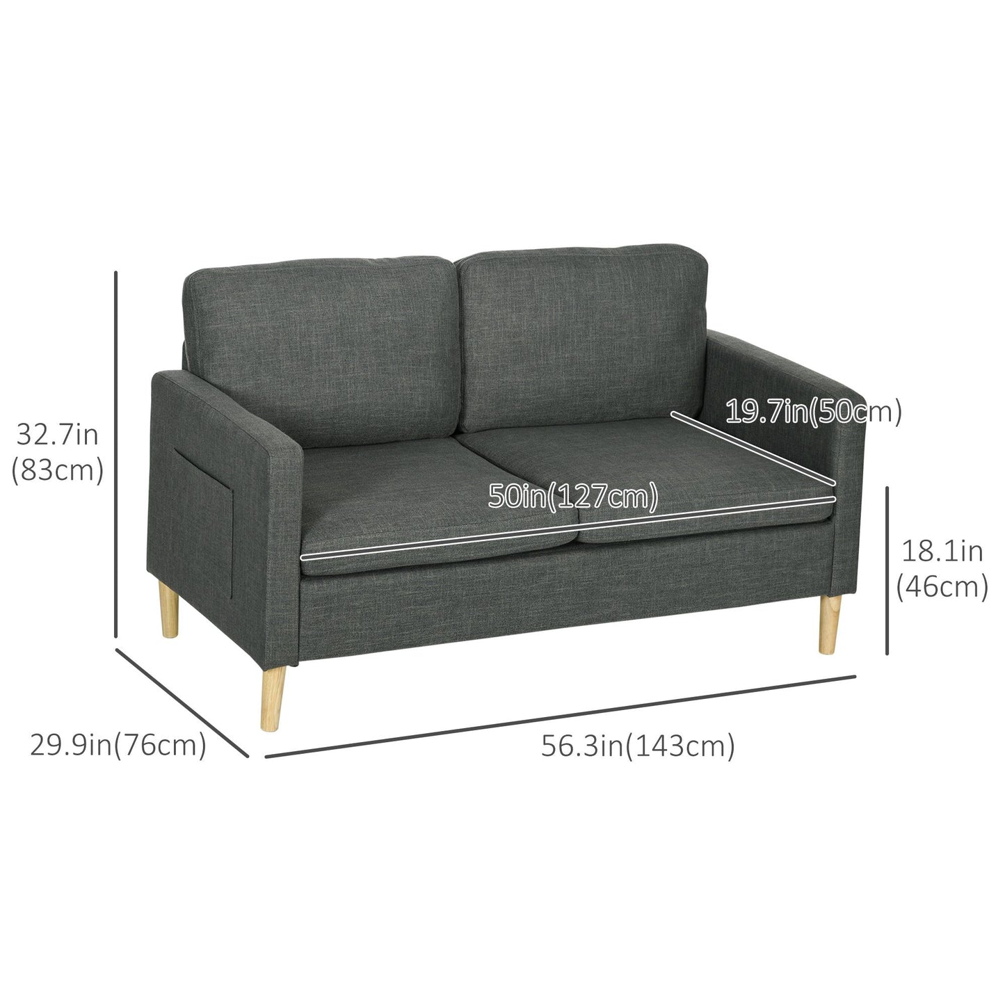 56" Loveseat Sofa with Side Pockets - Grey