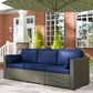 3-Seater Outdoor Sofa with Cushions, PE Rattan Conversation Patio Couch with Pillows for Garden, Poolside, Blue/Brown