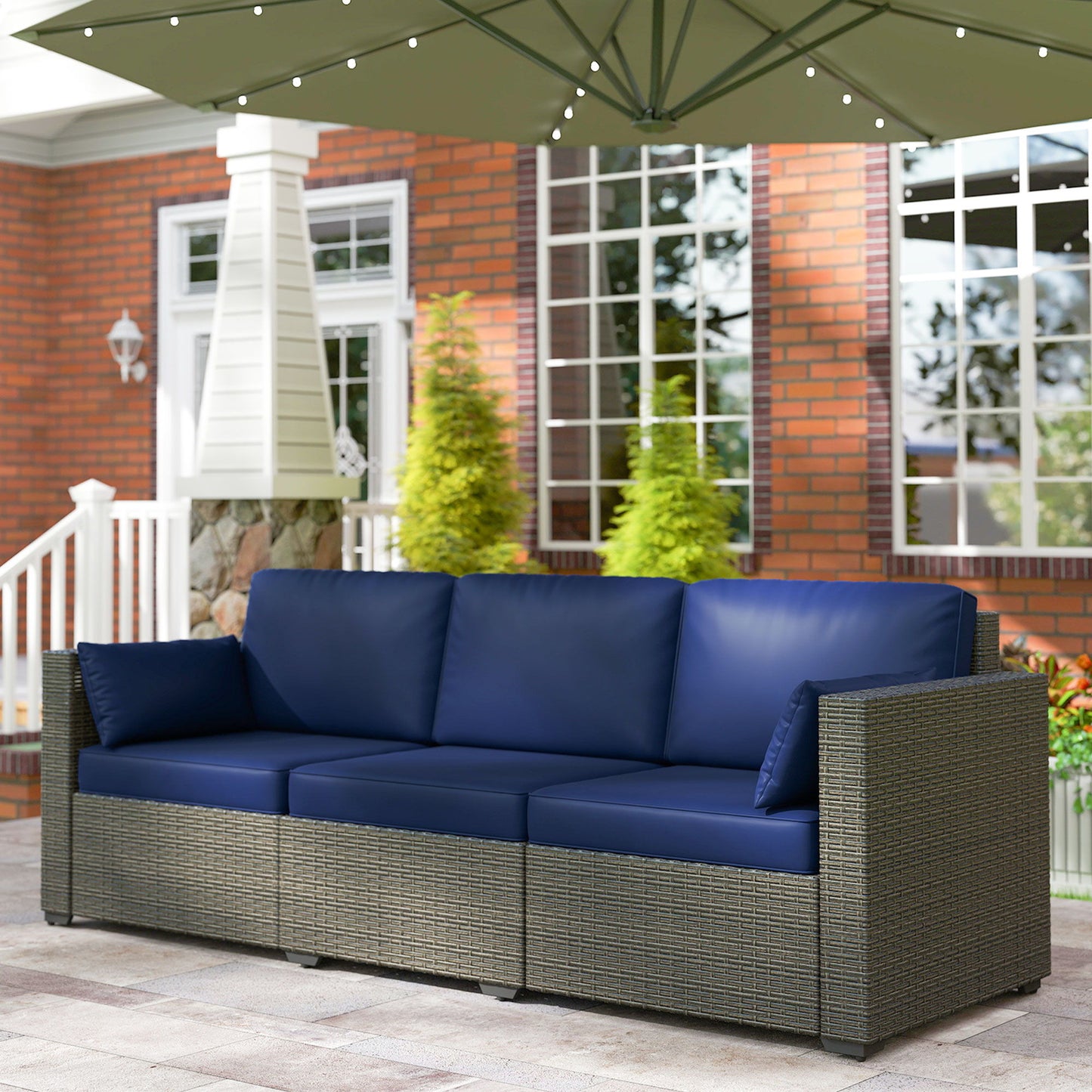 3-Seater Outdoor Sofa with Cushions, PE Rattan Conversation Patio Couch with Pillows for Garden, Poolside, Blue/Brown