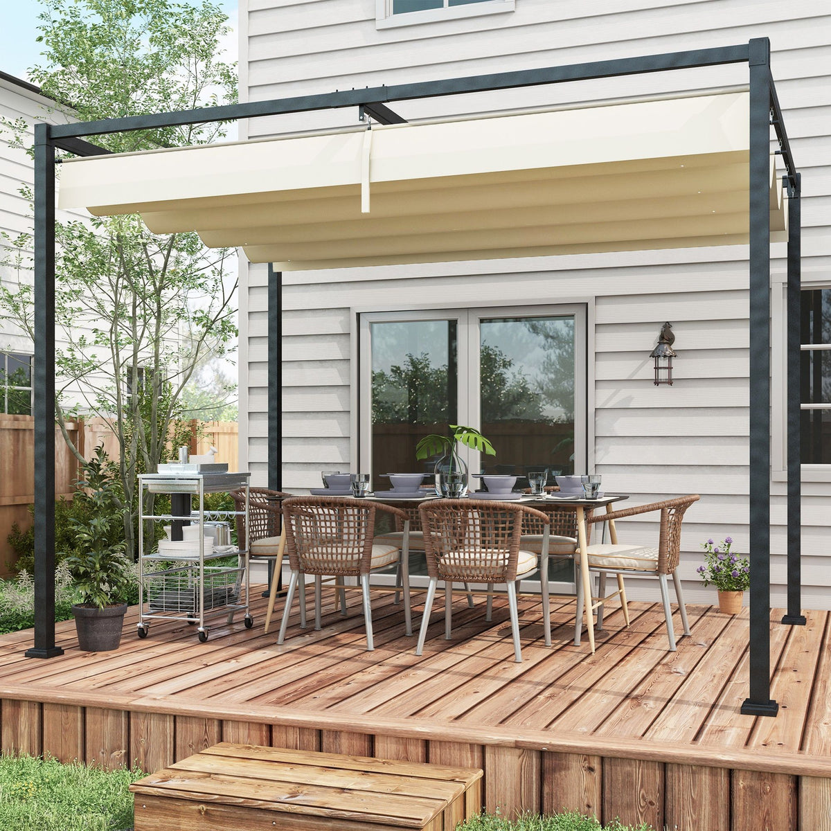 10' x 7' Patio Pergola with Retractable Canopy, Outdoor Sun Shelter, Yard Shade, Cream White