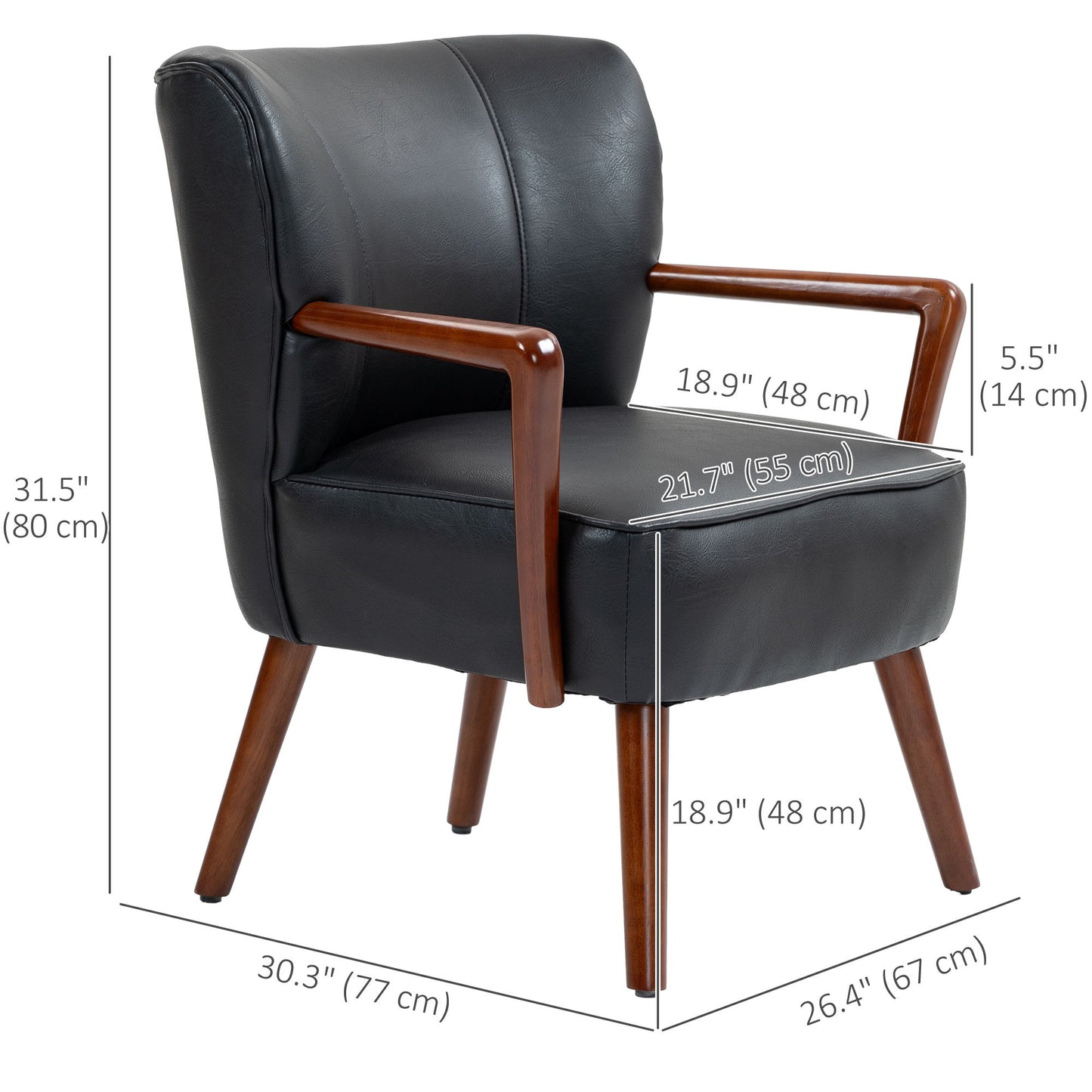 Accent Chair, Modern Armchair, Faux Leather Upholstered Living Room Chair with Wood Legs and Wide Padded Seat, Black