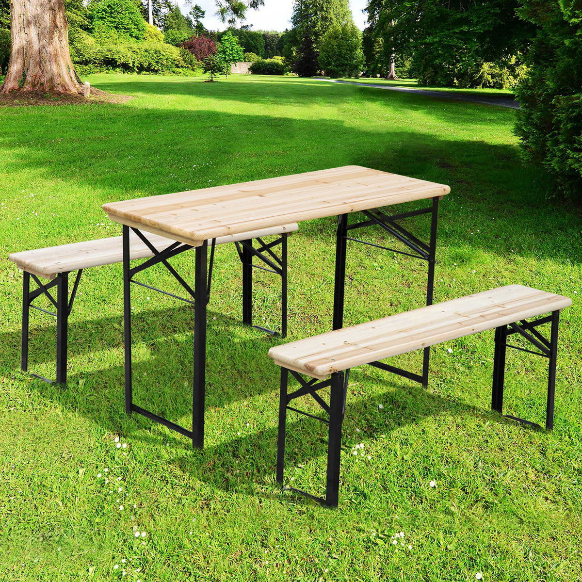 3 Pieces Folding Picnic Table Set, Portable Folding Picnic Table and Benches with Steel Frame for Garden, Park, Natural Wood