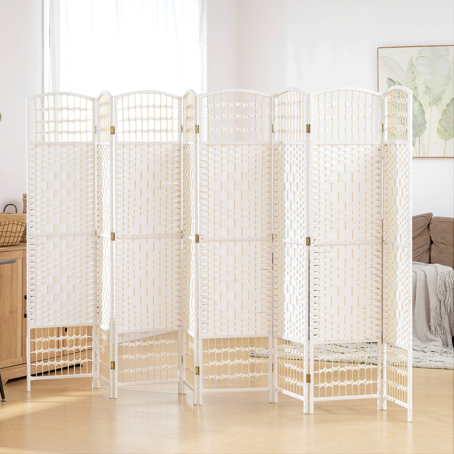 8 Panel Folding Room Divider, Portable Privacy Screen, Wave Fiber Room Partition for Home Office, White
