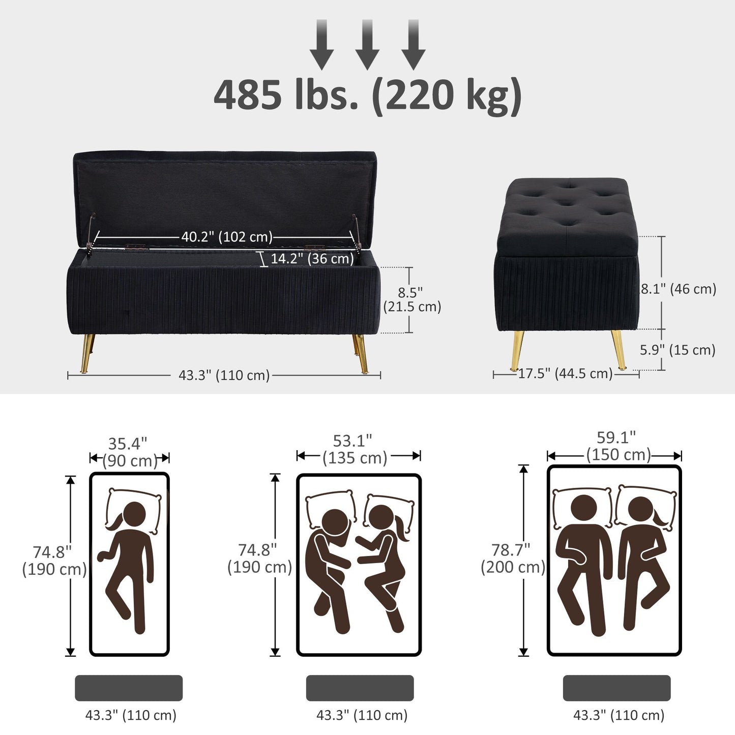 43" Storage Ottoman Bench with Padded Seat - Black