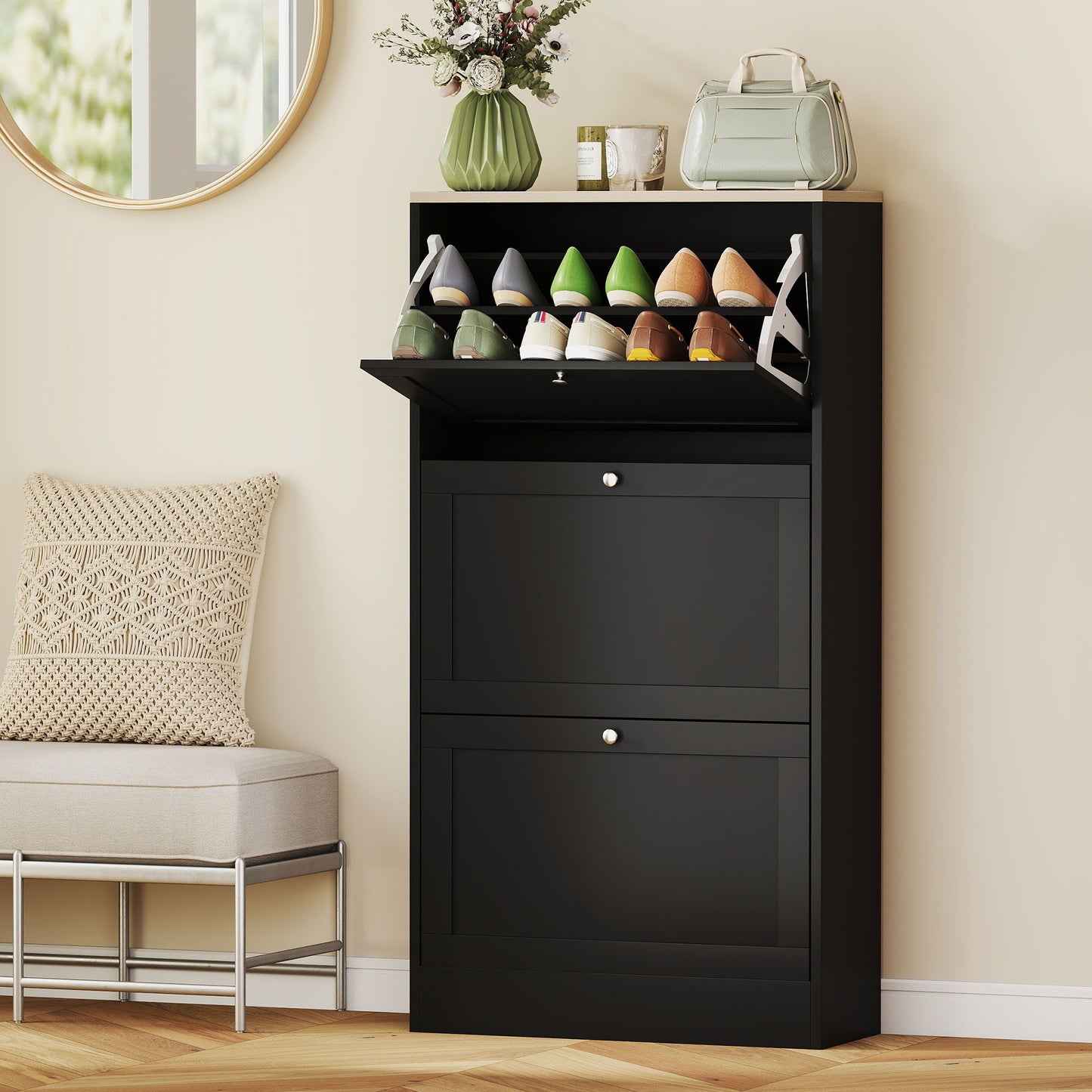 Modern Shoe Storage with 3 Flip Drawers and Adjustable Shelves, Shoe Cabinet Organizer for 12-18 Pairs of Shoes, Black