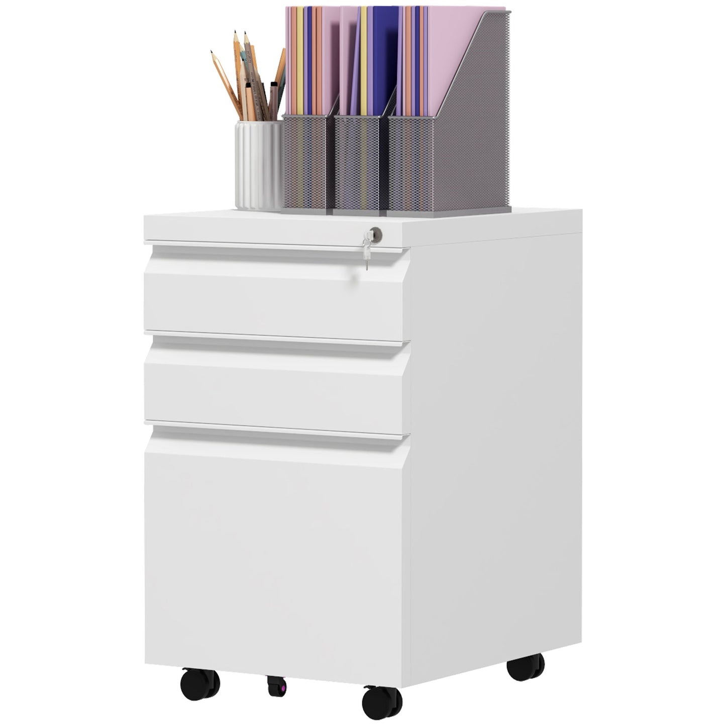 3 Drawer File Cabinet with Lock, Steel Vertical Filing Cabinet with 5 Wheels and Hanging Bar for A4/Legal/Letter, Home Office Printer Stand with Pre-Assembled Body, White