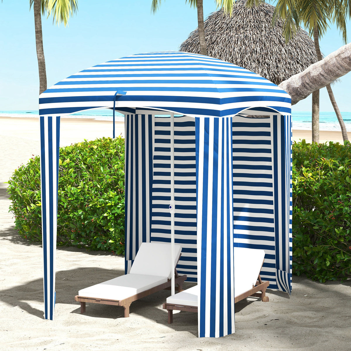 70.1" L x 70.1" W Cabana Umbrella with Walls, Vents, Ruffles, Carry Bag, Beach Umbrella, Blue White Stripe