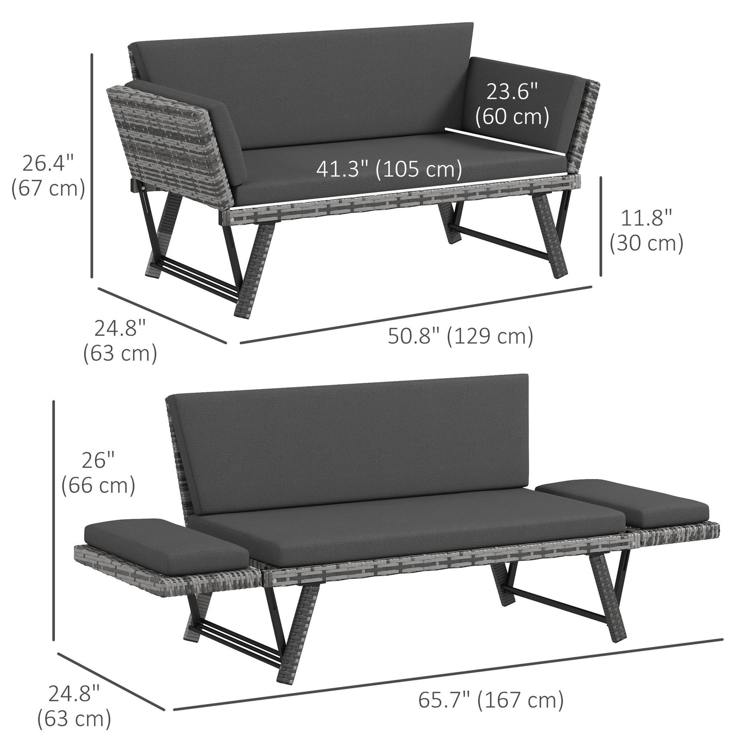 Convertible Wicker Loveseat Grey Patio Chaise Lounge