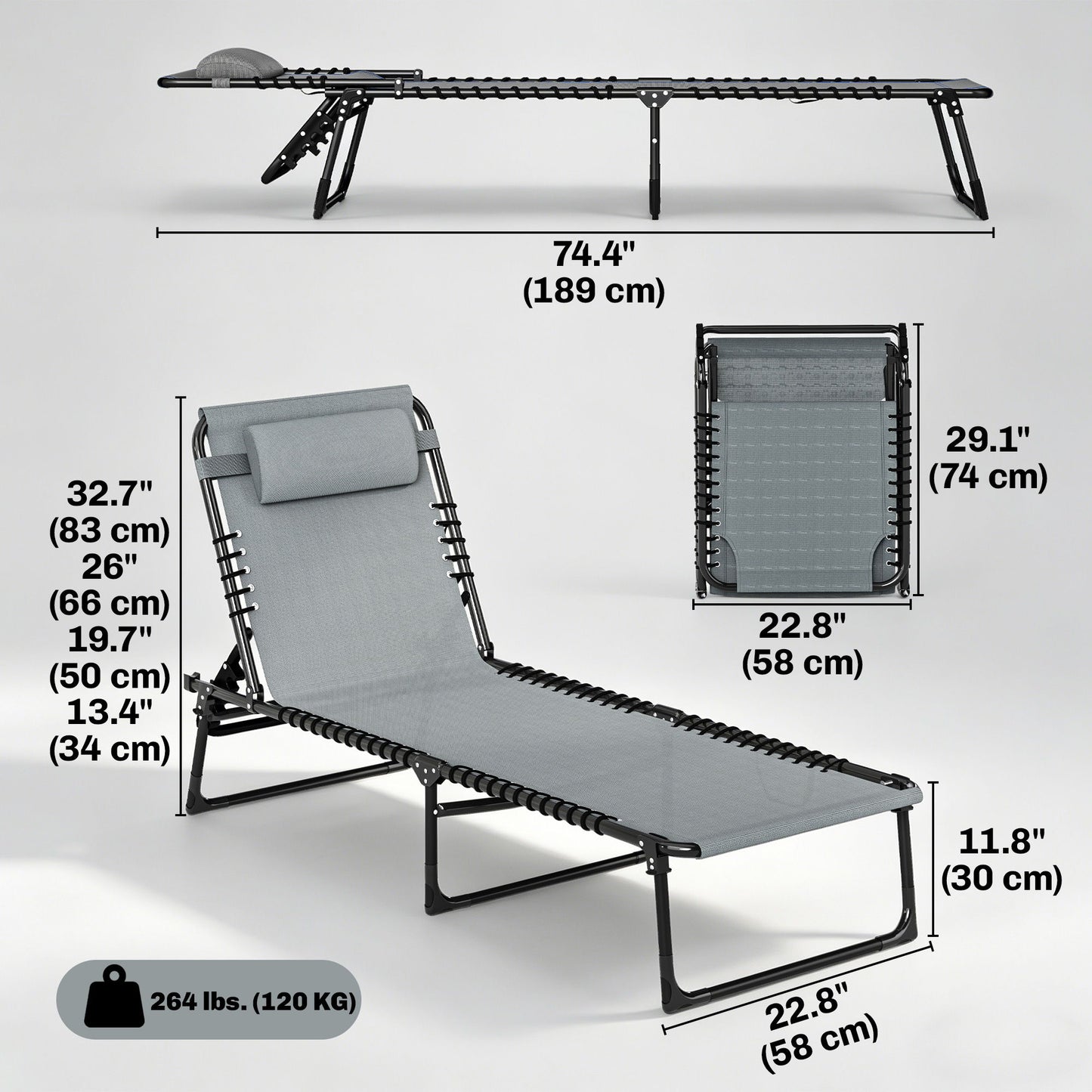 Folding Lounge Chair, Adjustable Chaise Lounge with Headrest, Reclining Lounger Cot for Camping, Hiking, Light Grey