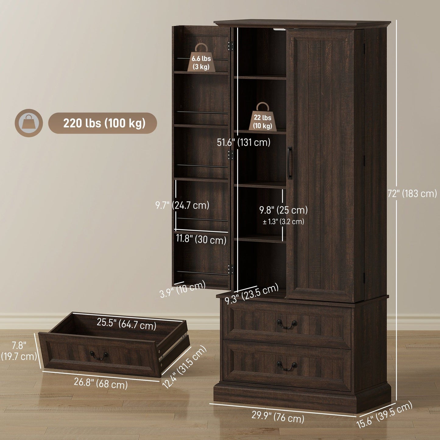 72" LED Pantry Cabinet with 2 Drawers - Brown