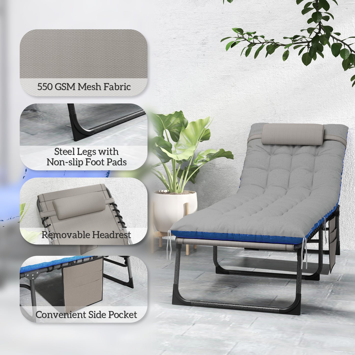 Outdoor Lounge Chair Set of 2, Folding Chaise Lounge Tanning Chair with Cushion, Side Pocket, Brown/Blue