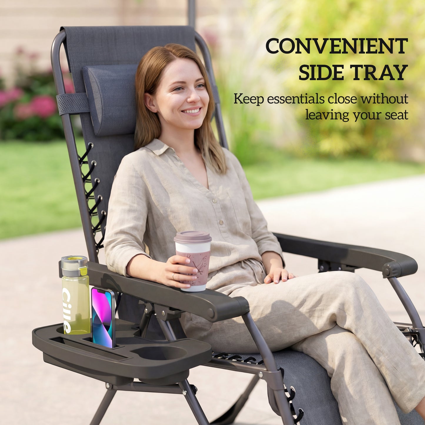 Zero Gravity Chair Set of 2, Folding Reclining Outdoor Lounge Chair with Cup Holder, Headrest, Dark Grey