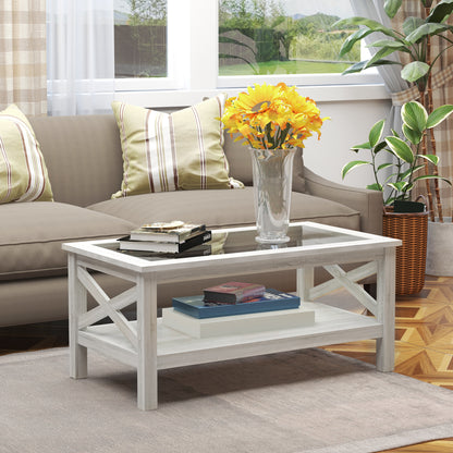 Farmhouse Glass-Top Coffee Table with Storage Shelf