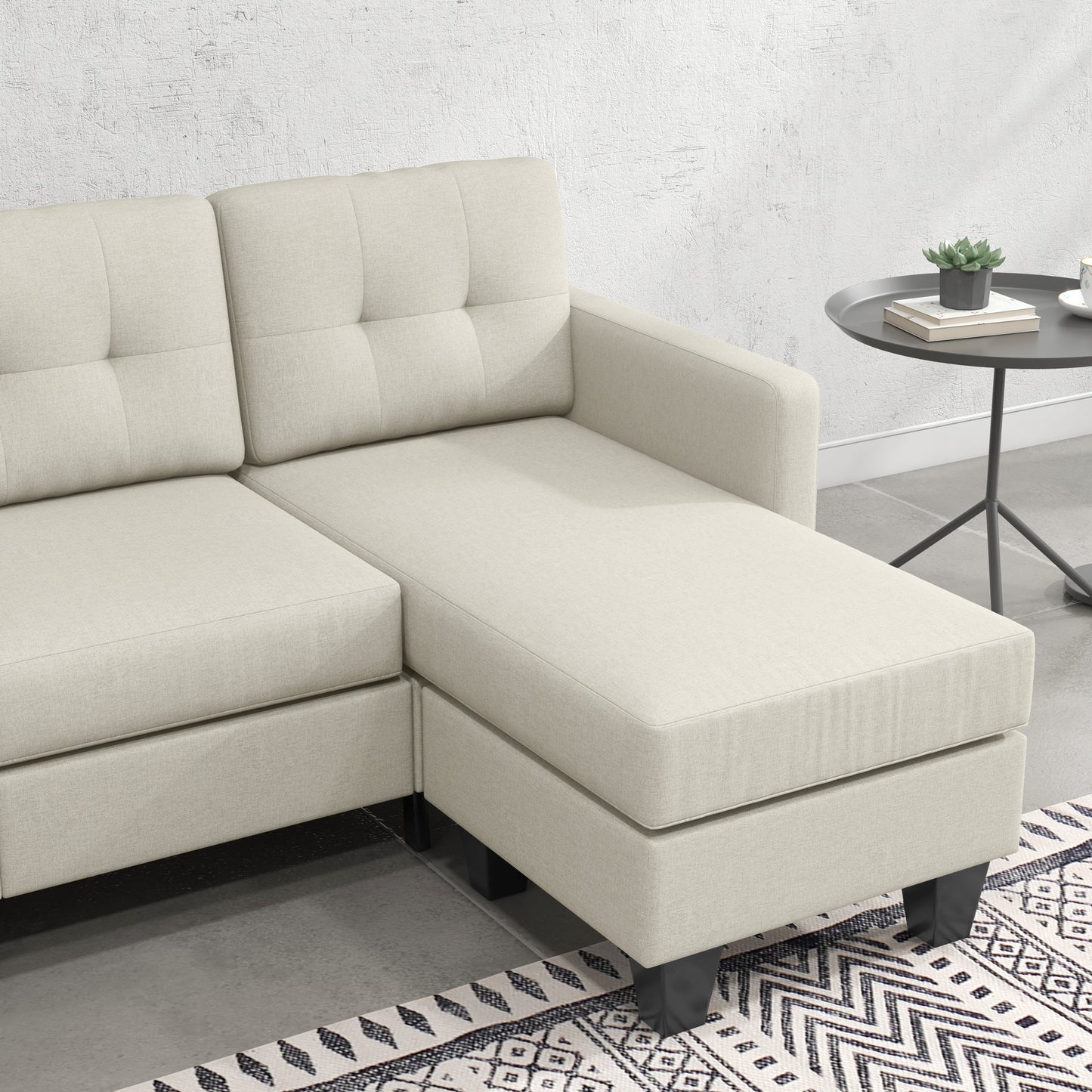 L-shaped Sofa, 3 Seater Sectional Couch with Ottoman, Corner Sofa with Thick Padded Cushion and Wood Legs, Beige