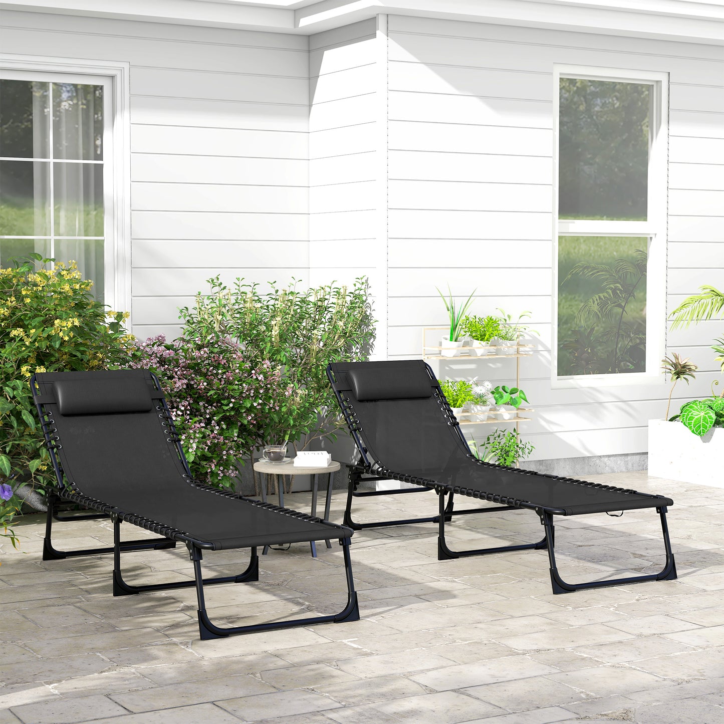 2pcs Folding Lounge Chair, Adjustable Chaise Lounge with Headrest, Reclining Lounger Cot for Camping, Black