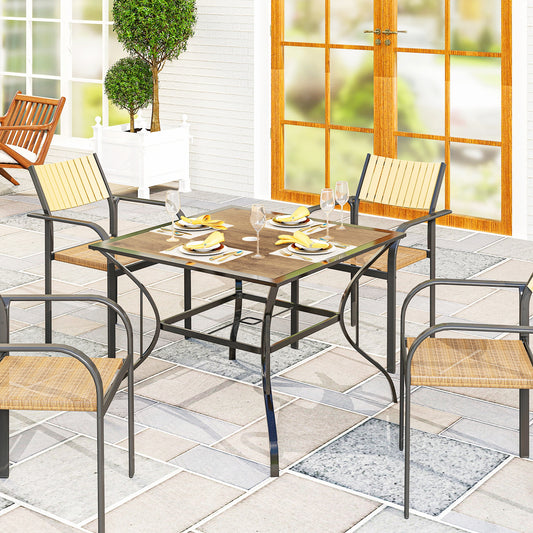 37" Garden Outdoor Dining Table for 4, Square Patio Table with Umbrella Hole, Plastic Board Tabletop for Backyard, Poolside, Mixed Brown
