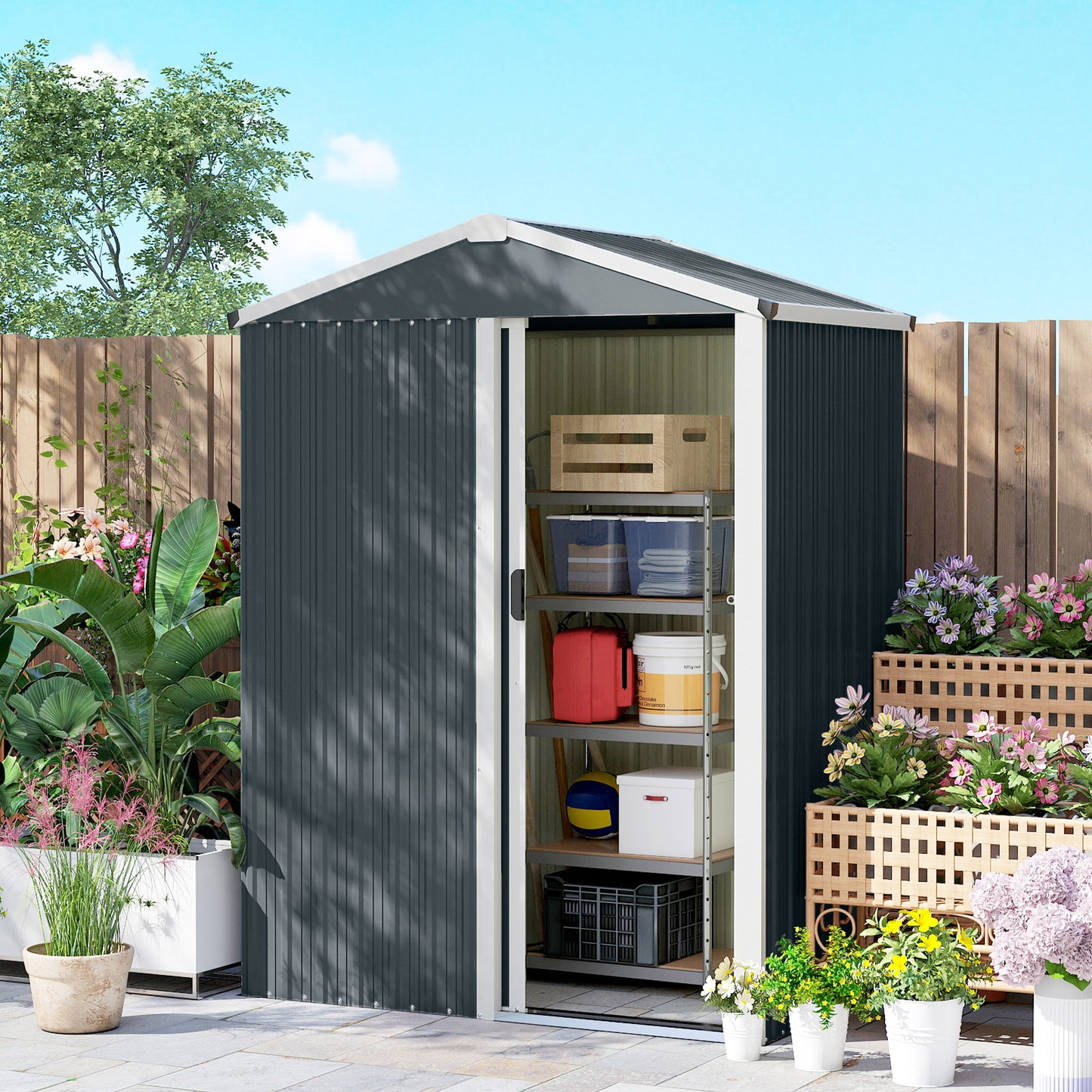 4.5 x 3ft Outdoor Storage Shed, Waterproof Metal Garden Shed with Lockable Door for Backyard, Patio, Lawn, Dark Grey