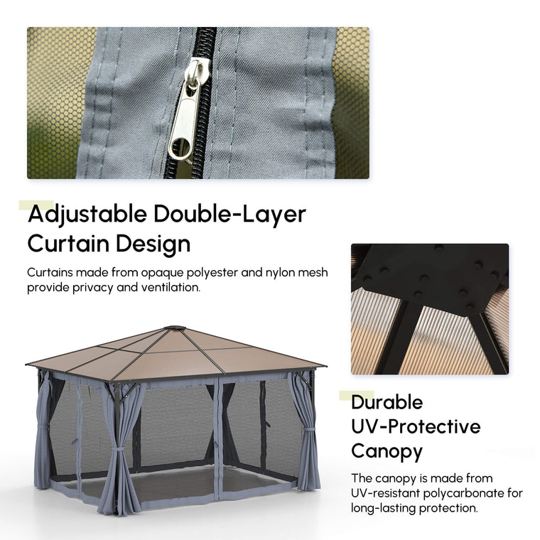 10' x 13' Grey Hardtop Gazebo with Mesh Curtains