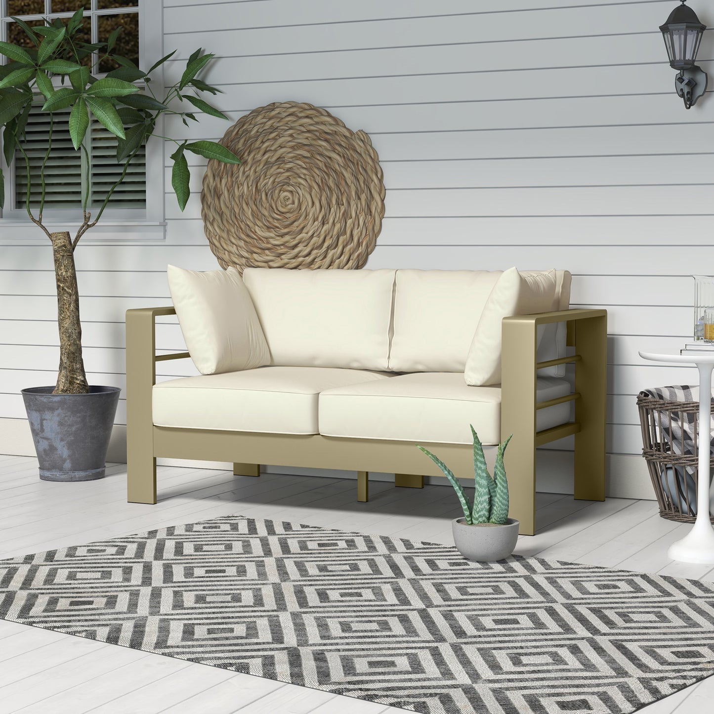 Patio Loveseat, Outdoor Seating for 2, Garden Sofa with Cushions, Wide Armrests, 54.3"x27.6"x24.6", Cream White