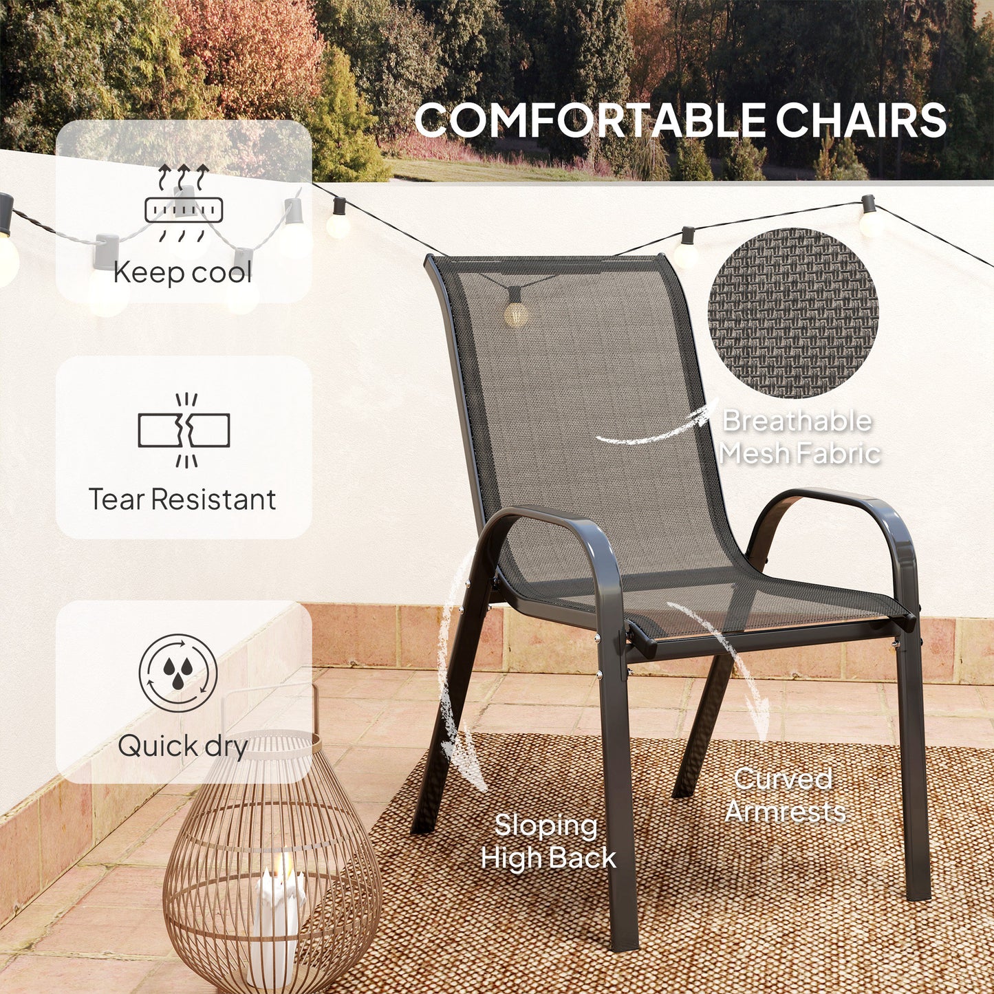 3 Pieces Bistro Set, Small Patio Furniture Set with Stackable Mesh Chairs, Glass Table for Garden, Light Mixed Brown