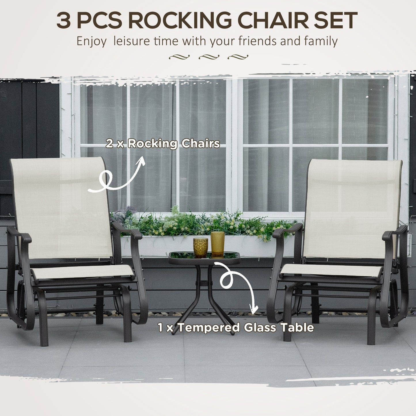 3PCs Gliding Rocking Chair & Bistro Tea Table Set, Mixed Grey