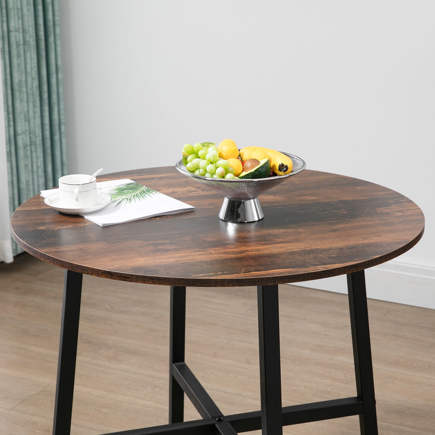31.5" Round Dining Table, Industrial Style Kitchen Table with Steel Legs, Rustic Brown
