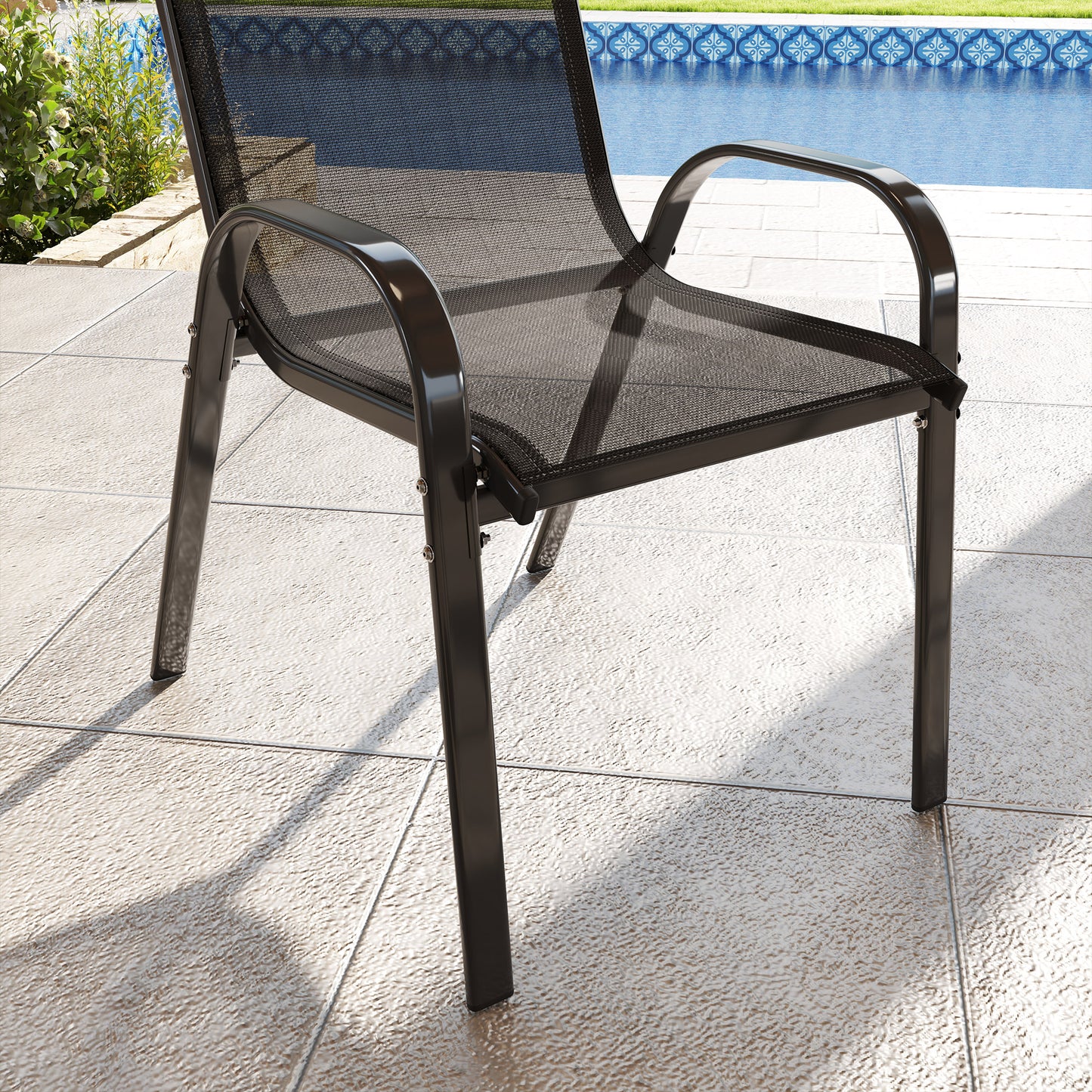 Set of 2 Outdoor Dining Chairs, Stackable Lawn Chairs with High Back, Breathable Mesh Seat for Garden Porch, Black