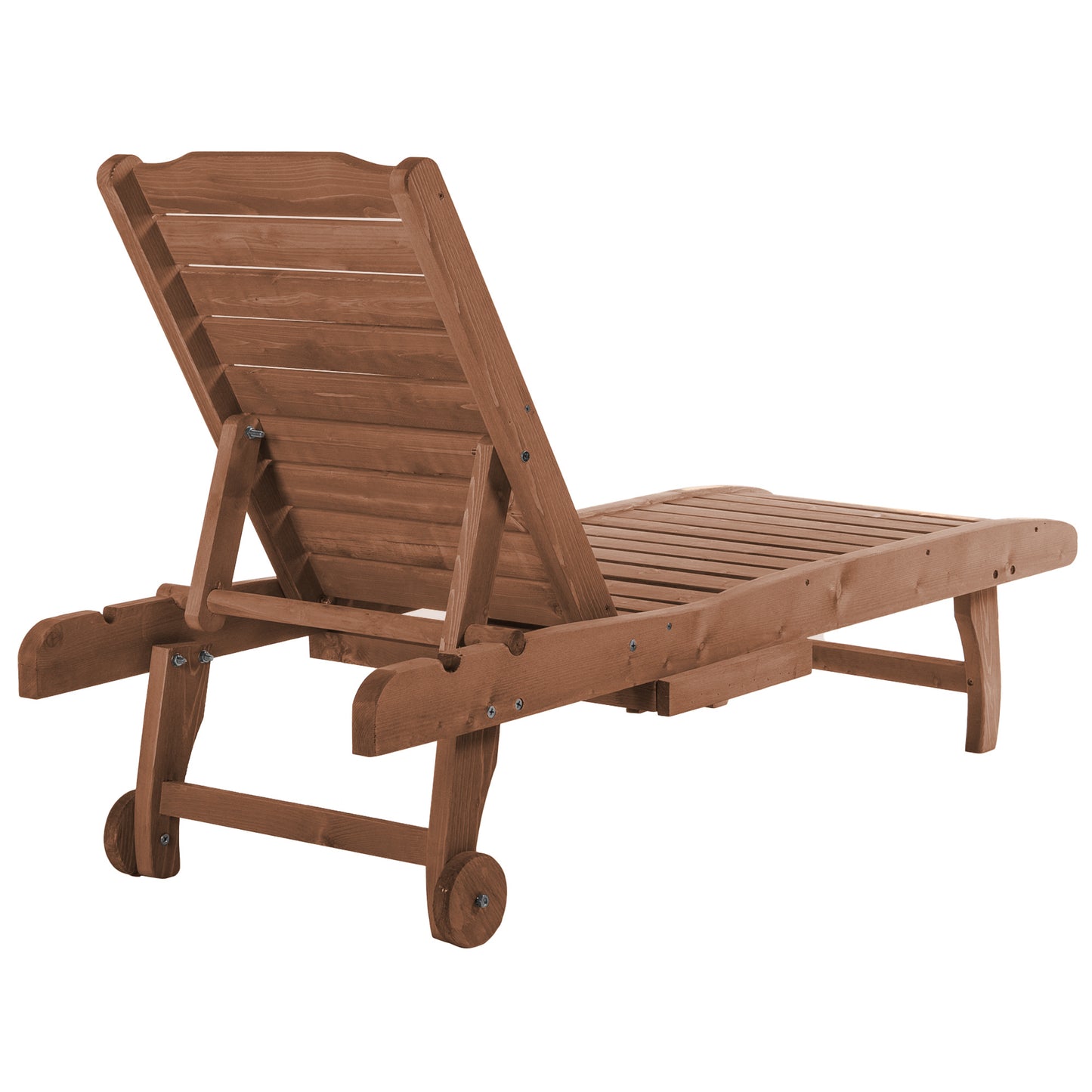 Wooden Outdoor Lounge Chair, Adjustable Patio Outdoor Chaise Recliner Garden Furniture, Tanning Chair with Pull-out Tray and 2 Wheels, Brown