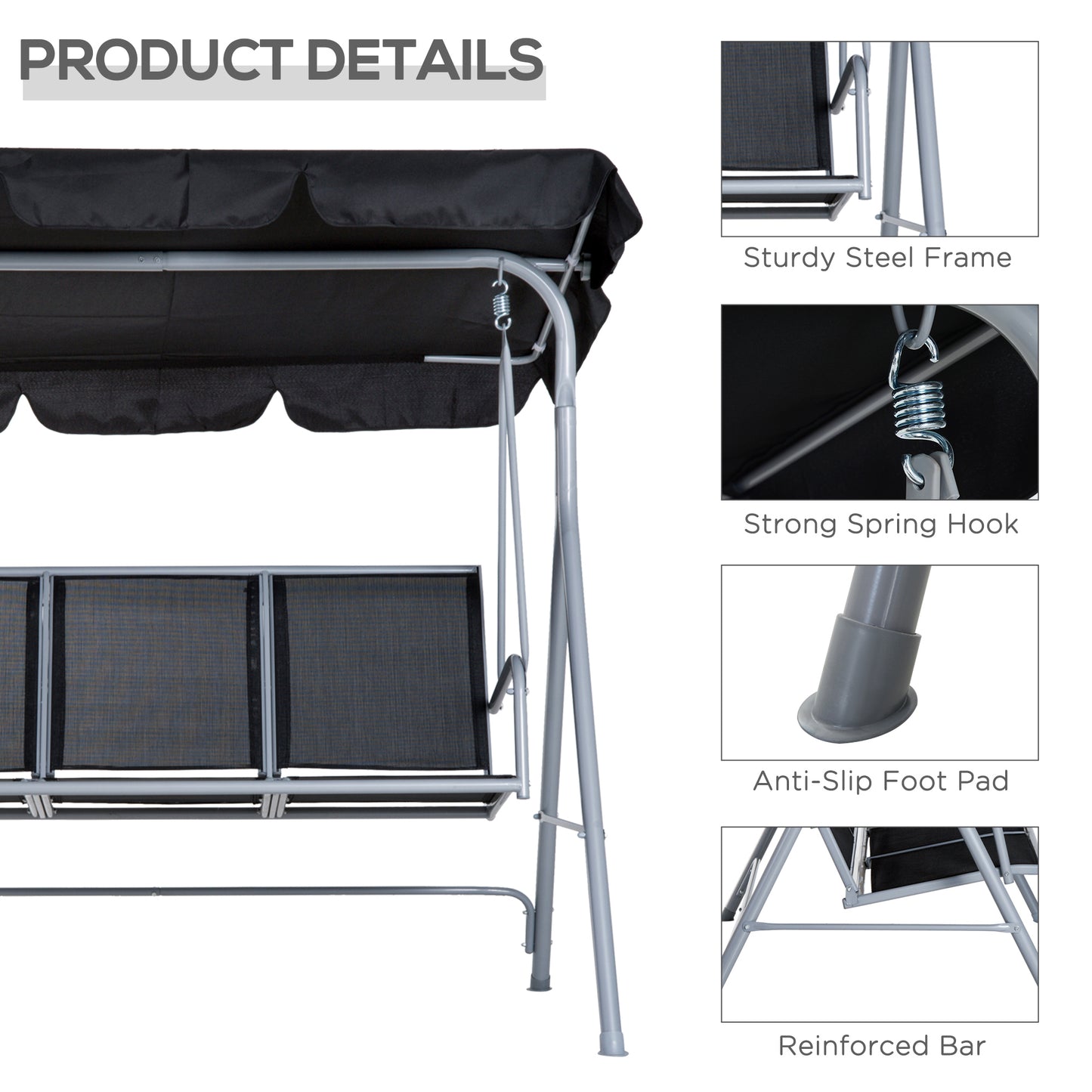 3-Seater Outdoor Swing Chair, Patio Swing, A Frame Porch Swing with Canopy, Garden Hammock Glider Bed, Light Grey