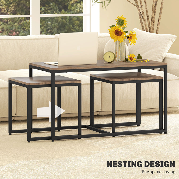 Nesting Coffee Table Set of 3 with Metal Frame - Brown